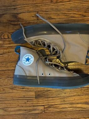 Converse Men's High-Top Sneakers in Tan and Gray with Blue Heel Loop